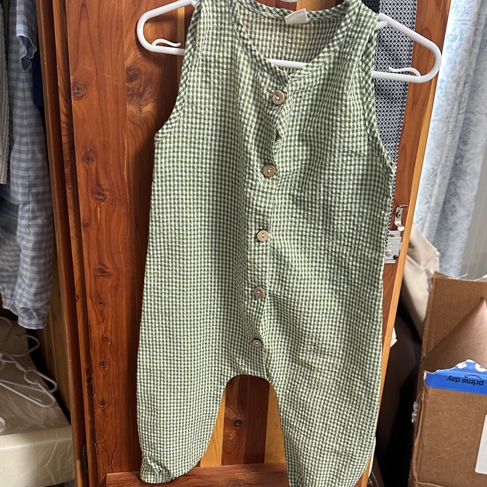 Green Gingham Button-Up Jumpsuit